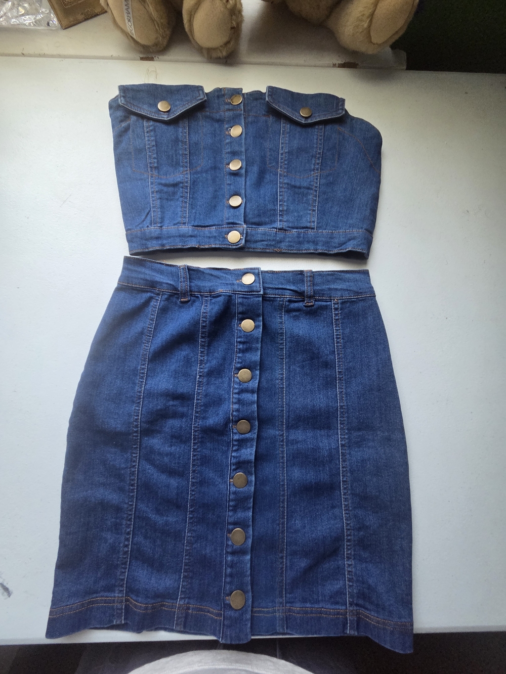 Denim 2 Piece Button Up Strapless Crop Bustier Top And Skirt Set. Size S